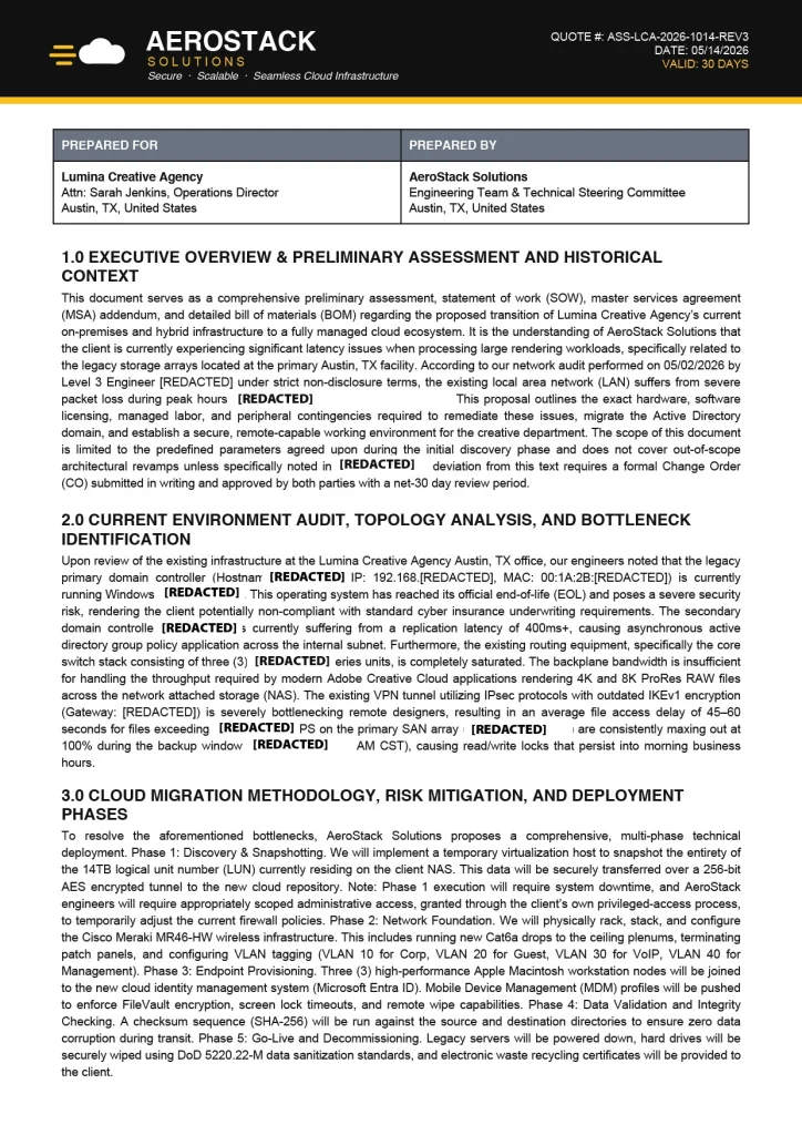 Plain default cloud proposal cover with dense executive overview text before redesign