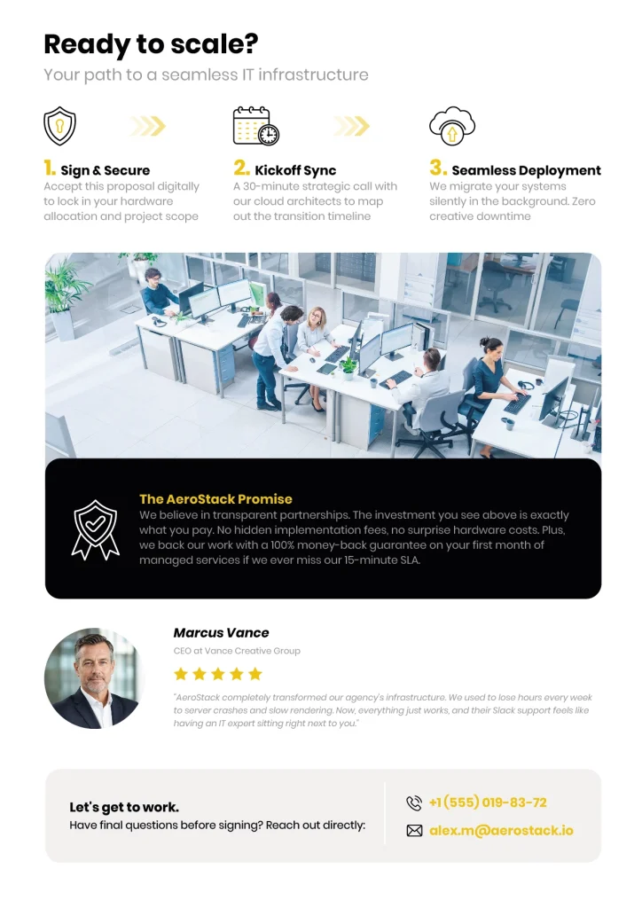 Next steps, guarantee, and client testimonial page of the cloud proposal