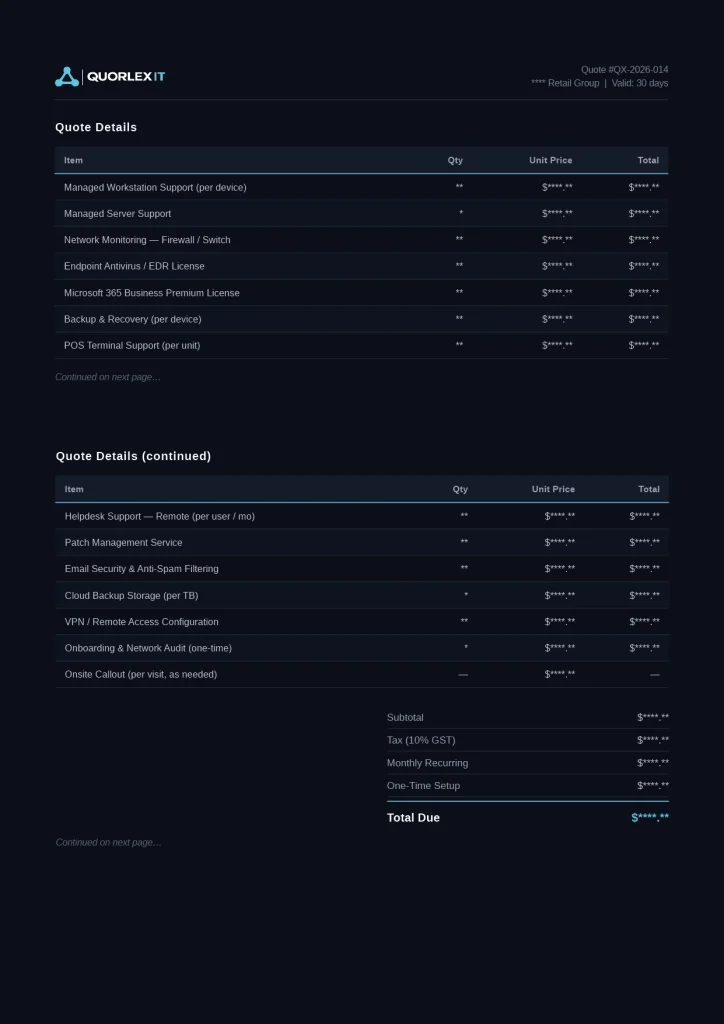Dark Kaseya quote showing a single flat price list